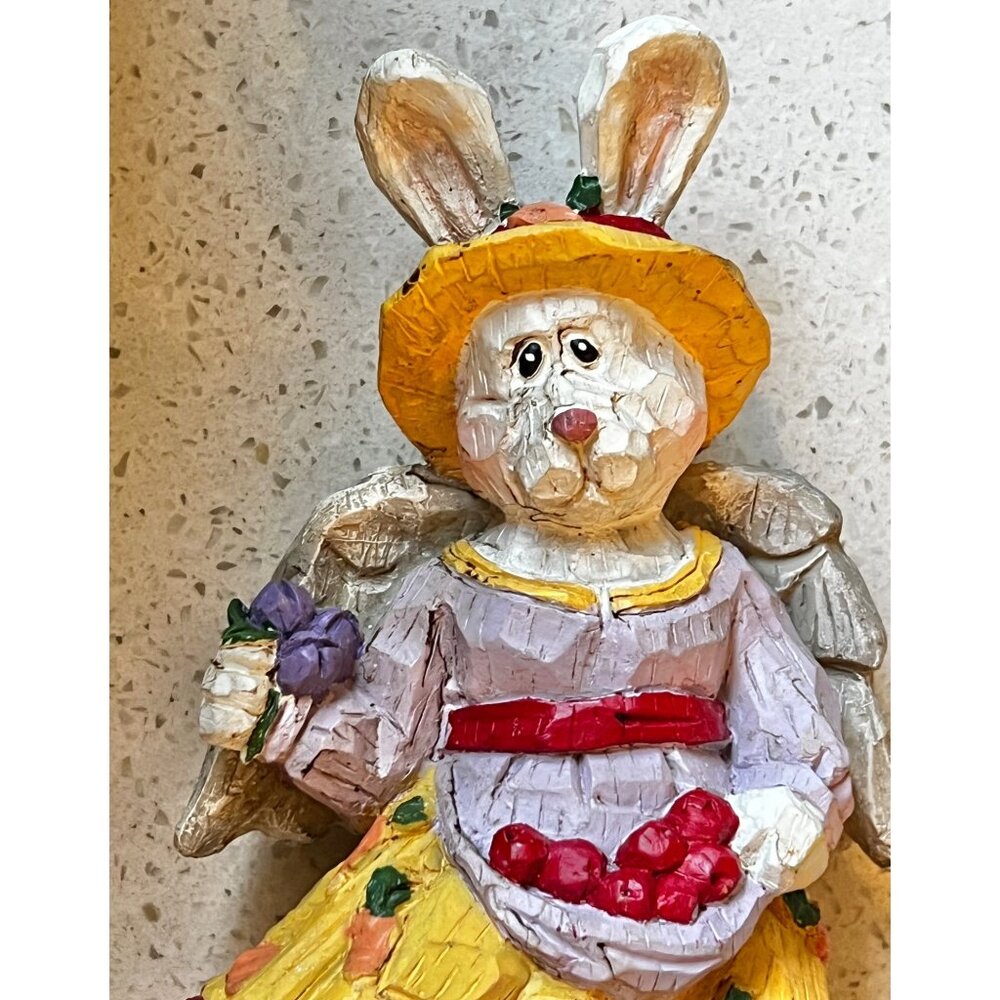 Two Bunny Garden Angel Figurines With Hats & Dresses Hand-Painted Decor - Picture 9 of 12